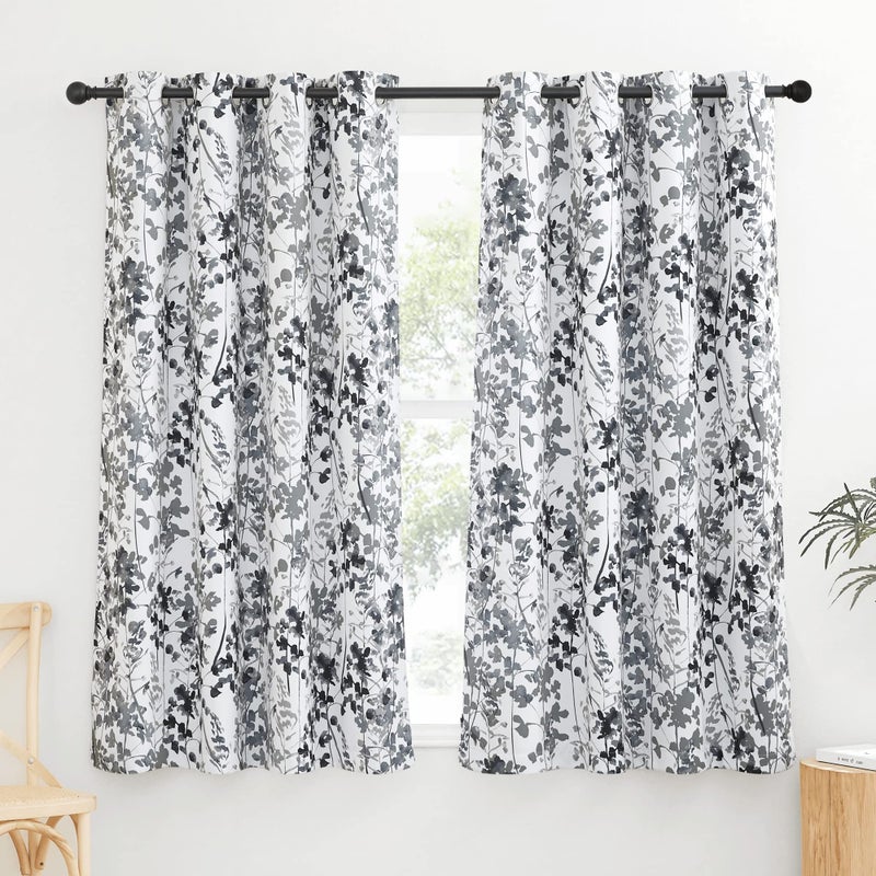 KGORGE Grey Curtains Blackout - Farmhouse Boho Window Treatmnet Privacy Watercolor Leaves Printed Curtains for Art Gallery Exhibition Living Room Kids Bedroom Office, W 52 x L 63 inch, 2 Panels - Image 2